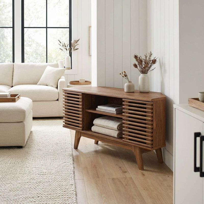 Brown wooden 46-inch corner TV stand with open shelving and versatile design image number 4