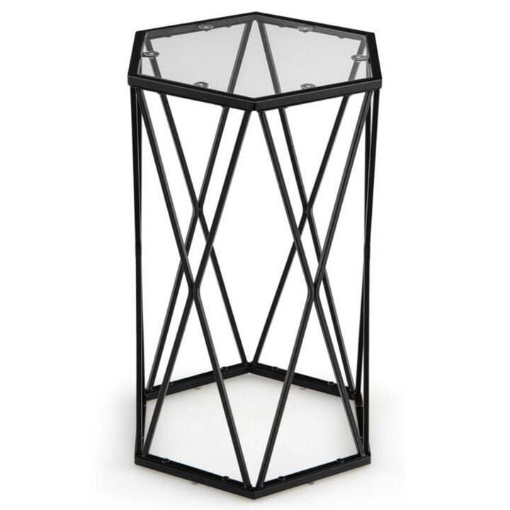 Hivvago Hexagonal Accent End Table with Tempered Glass Top and Metal Frame
