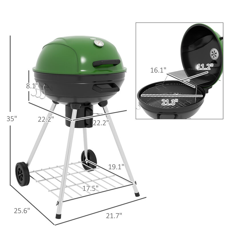 Outsunny 21" Kettle Charcoal BBQ Grill Trolley with 360 sq.in. Cooking Area, Outdoor Barbecue Smoker with Shelf, Wheels, Ash Catcher and Built-in Thermometer for Patio Backyard Party, Green