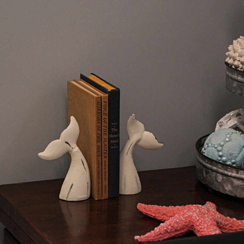 Set of 2 White Cast Iron Whale Tail Bookends Nautical Home Decor Bookshelf image number 9