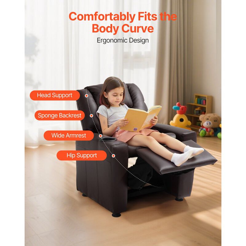 Kids PU Leather Recliner Sofa with Cup Holder Adjustable Backrest and Footrest image number 5