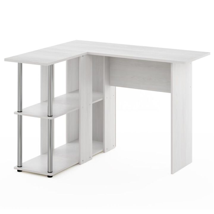 Furinno Furinno Abbott L-Shape Desk with Bookshelf, White Oak, Stainless Steel Tubes