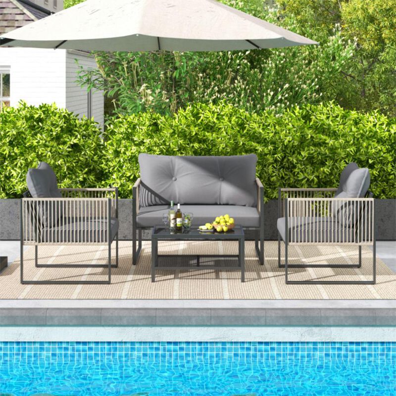 Hivvago 4 Pieces Outdoor PE Rattan Conversation Sofa Set with Cushions