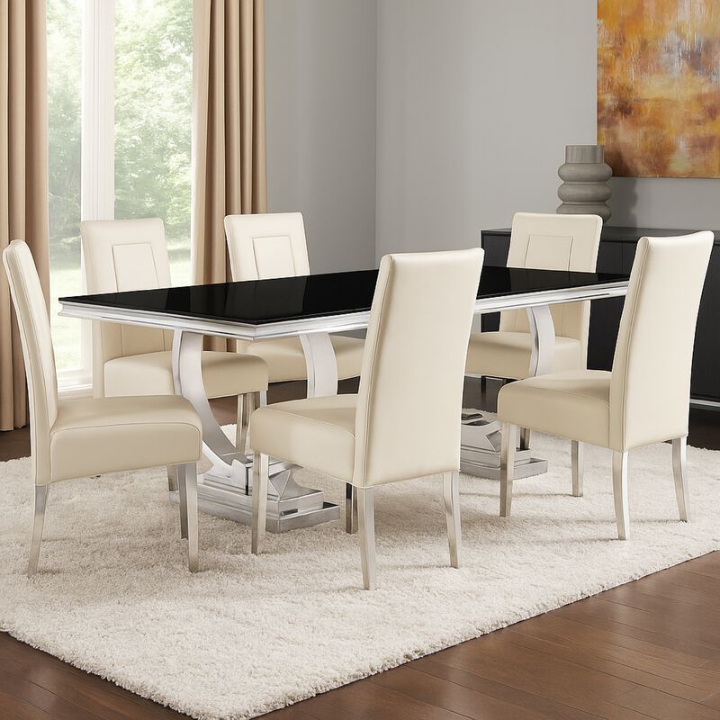 Dining Table with Glass Top and Trestle Base, Black and Chrome - Benzara image number 5