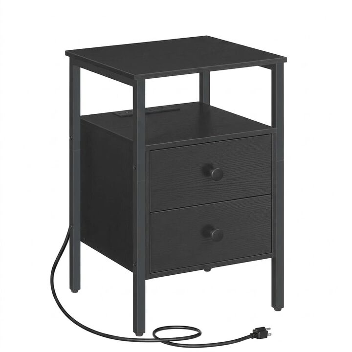 Bedroom Nightstand with 2 Drawers, Built-In Outlets and Storage-Black