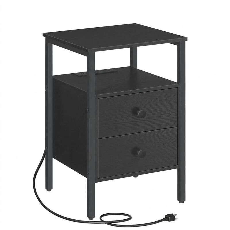 Bedroom Nightstand with 2 Drawers, Built-In Outlets and Storage-Black image number 0