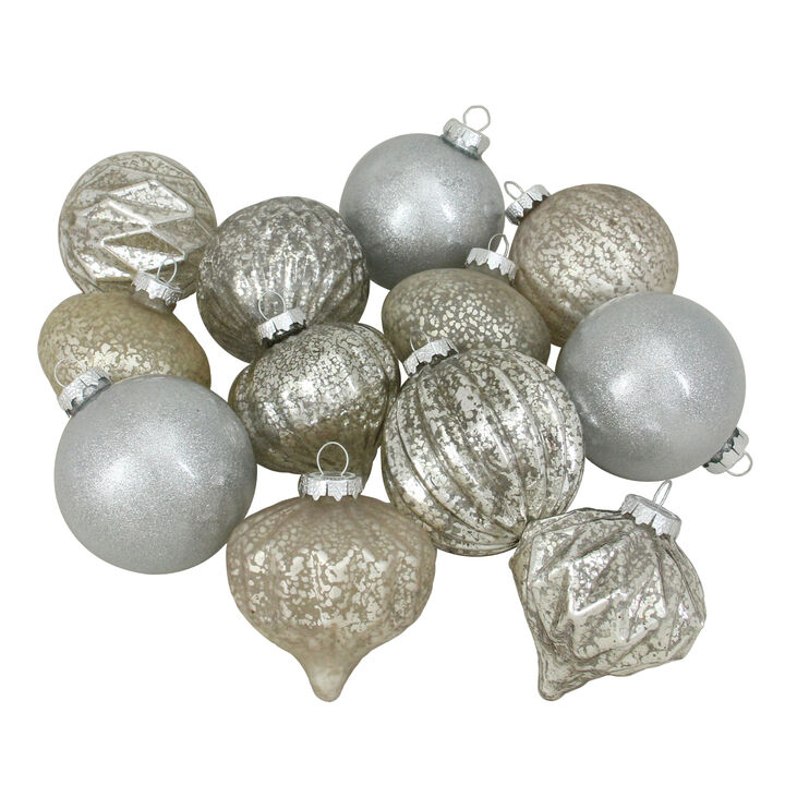 12ct Champagne and Silver Mercury Glass Style Glass Christmas Ornament Set 3"