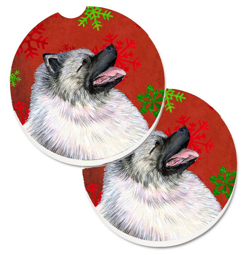 Caroline's Treasures Keeshond Red & green Snowflakes Holiday Christmas Set of 2 Cup Holder Car Coasters SS4695CARC, 2.56, Multicolor image number 0