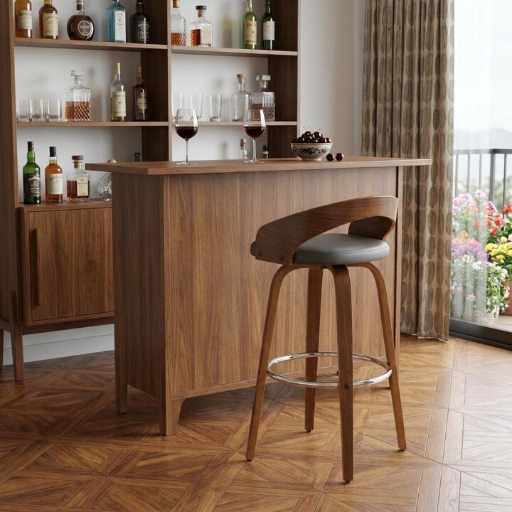 HomeRoots 30" Gray And Brown Faux Leather And Fabric And Iron Low Back Bar Height Swivel Bar Chair