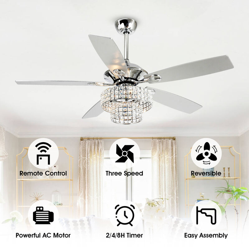 52 in. Chrome Crystal Chandelier Ceiling Fan with Light and Remote