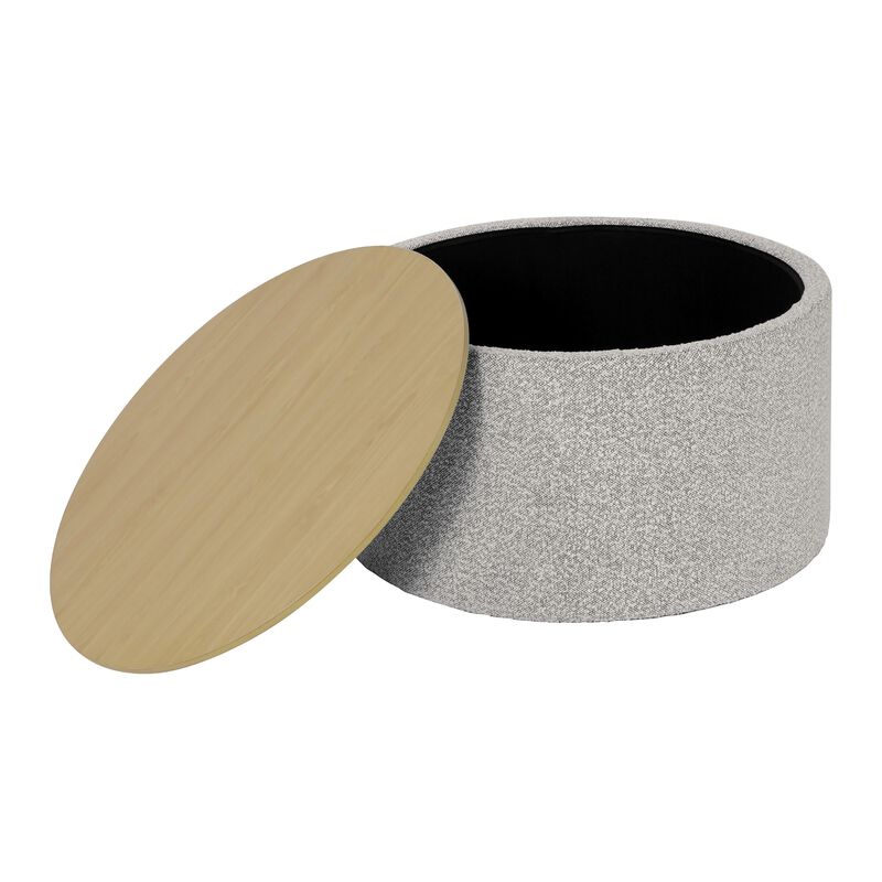 Mesy Storage Ottoman, 30 Inch Round Lift Tray Top, Light Gray Boucle - Benzara