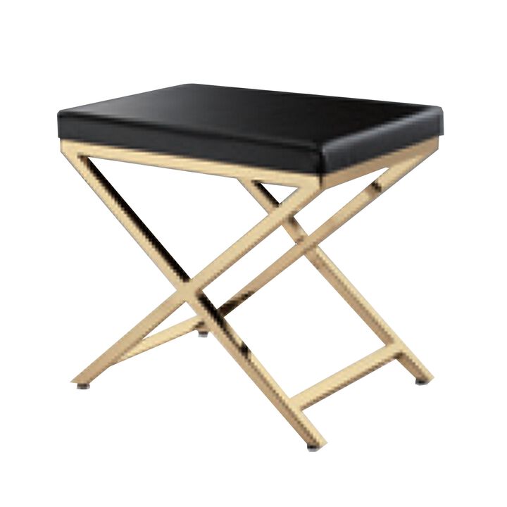 Myra 21 Inch Accent Stool, Gray Faux Leather, Gold Finished Cross Legs - Benzara