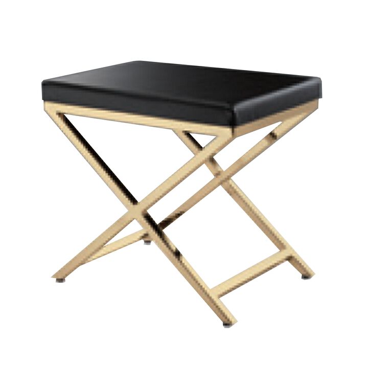 Myra 21 Inch Accent Stool, Black Faux Leather, Gold Finished Cross Legs - Benzara