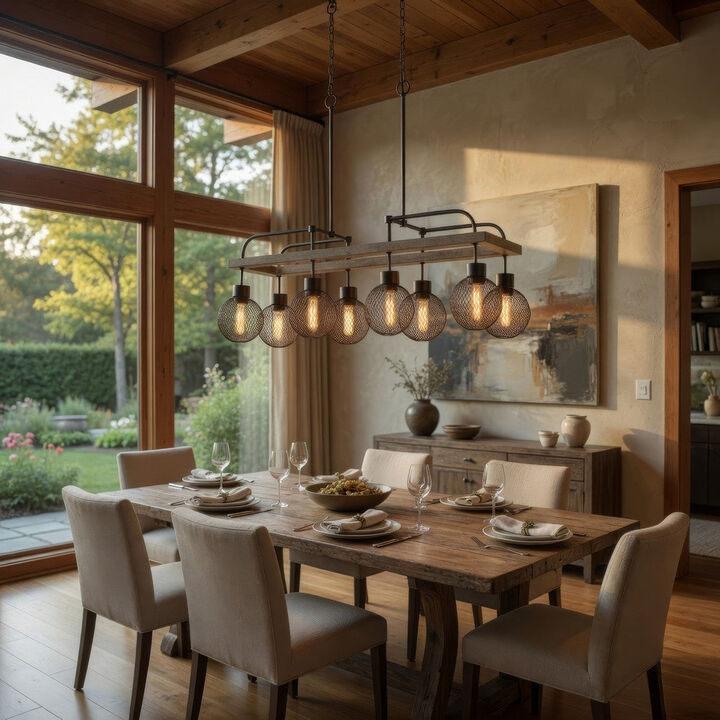 8 Bulb Chandelier with Wooden Frame and Metal Orb Shades, Brown and Black - Benzara