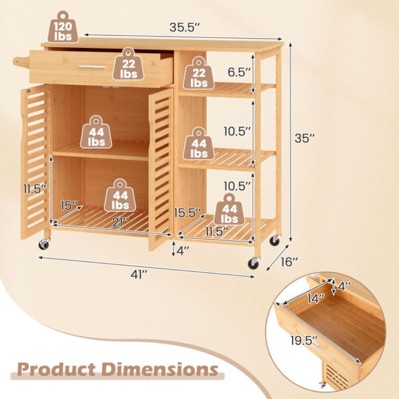 Hivvago Kitchen Island Cart on Wheels with Sturdy Bamboo Frame