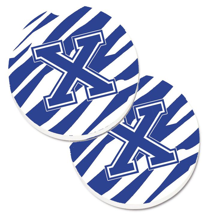 Caroline's Treasures Monogram Initial x Tiger Stripe Blue & White Set of 2 Cup Holder Car Coasters CJ1034-XCARC, 2.56, Multicolor