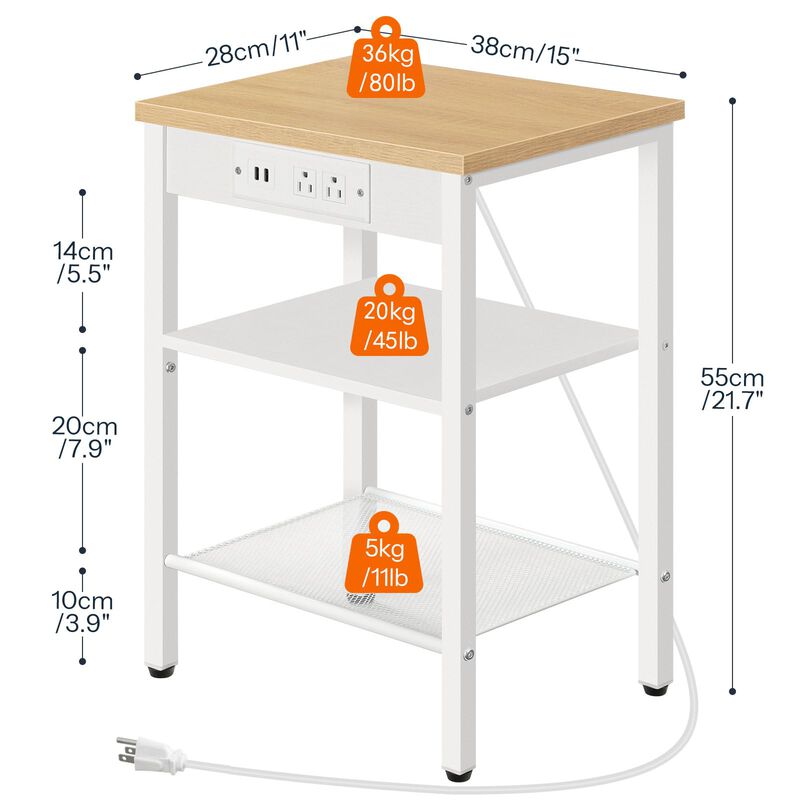 HOOBRO End Table with Charging Station and USB Ports, 3-Tier Nightstand with Adjustable Shelves, Small Side Table for Small Spac