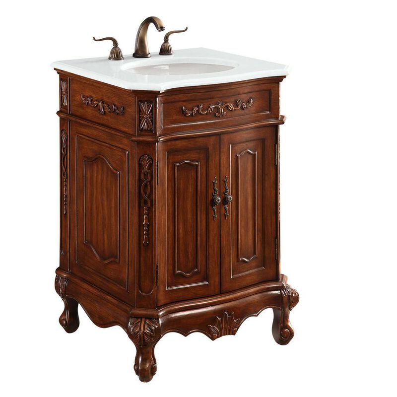 Elegant Kitchen and Bath 24 inch Single Bathroom vanity in Brown with ivory white engineered marble