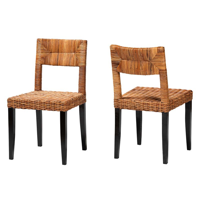 Baxton Studio Manrico Modern Bohemian Dark Brown Finished Wood and Natural Rattan 2-Piece Dining Chair Set