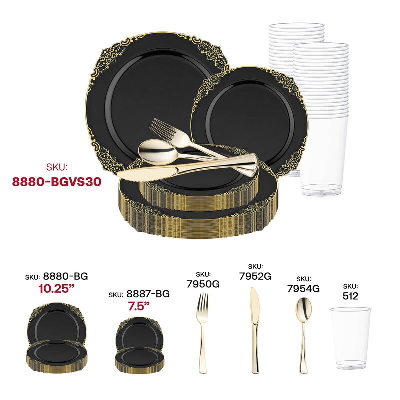 Black with Gold Fancy Round Plastic Wedding Value Set (60 Sets) image number 5