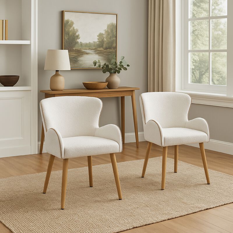 Willy Side Chair Set of 2, White Boucle, Soft Padding, Brown Wood Legs - Benzara