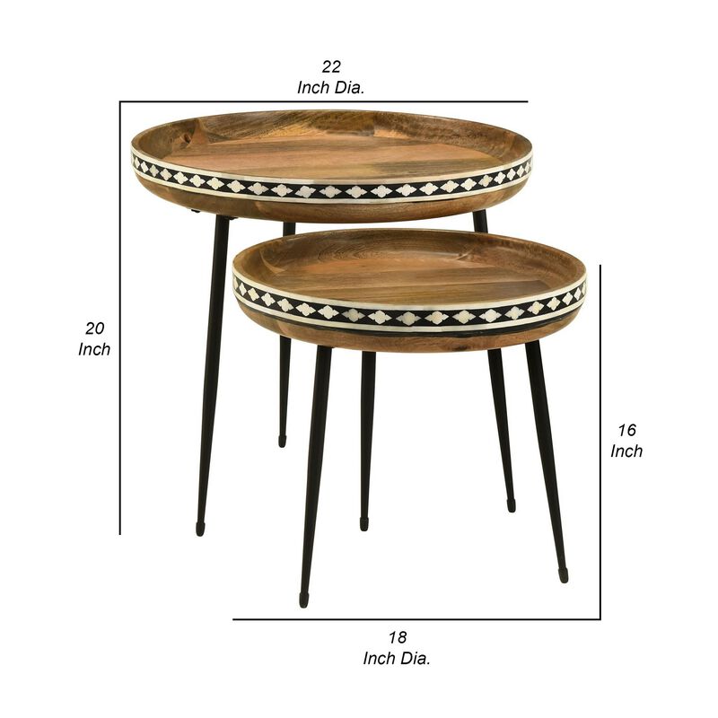 2 Piece Nesting Tables with Inlaid Bone Detail Design, Mango Wood, Brown - Benzara