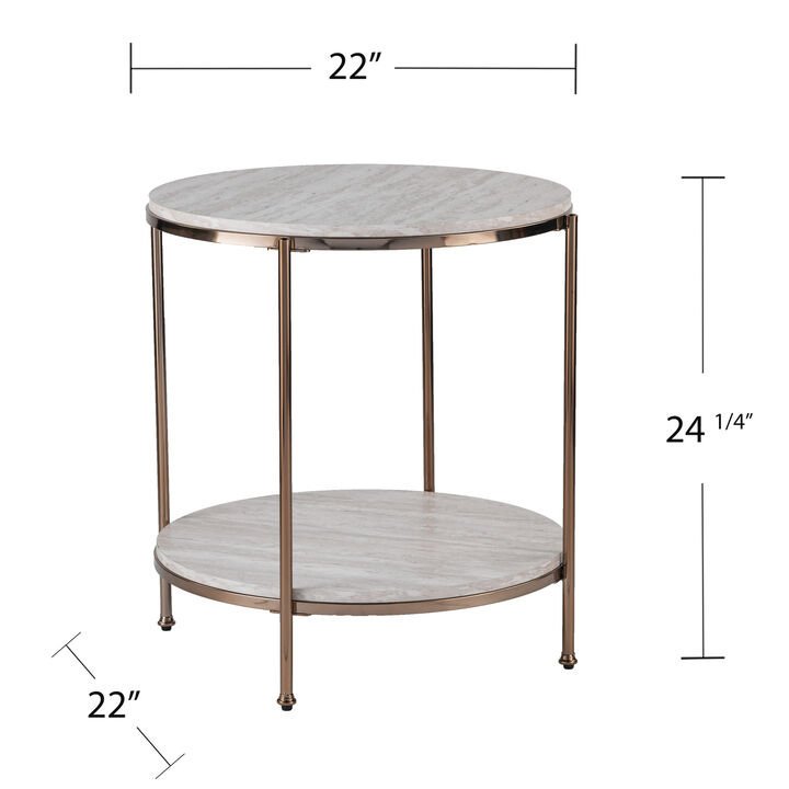 Round Faux Marble End Table with Iron Frame and Lower Storage Shelf