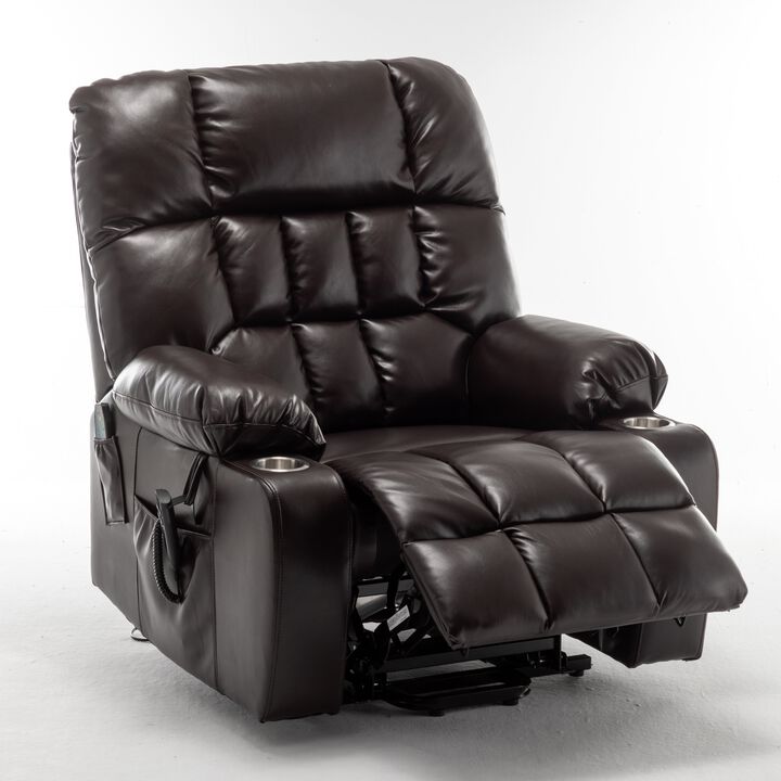Leather Lift Recliner with Heat and Massage Lift Sofa Chair with 2 Pockets, 2 Cup Holder, 2 Remote