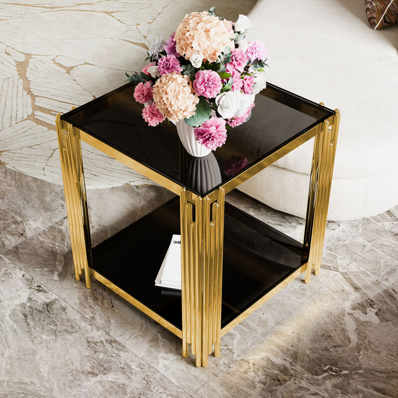 Merax Modern Mirror End Table Asymmetrical Metal Frame with Lower Shelf image number 2