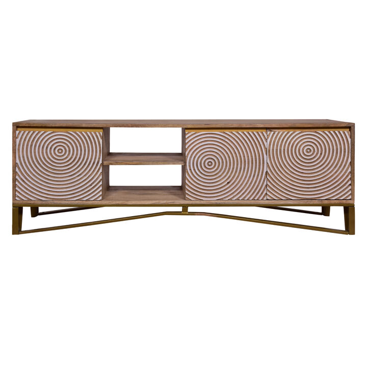 Ally 57 Inch TV Media Entertainment Cabinet Console, Mango Wood With Metal Base, Natural Brown, Gold-Benzara