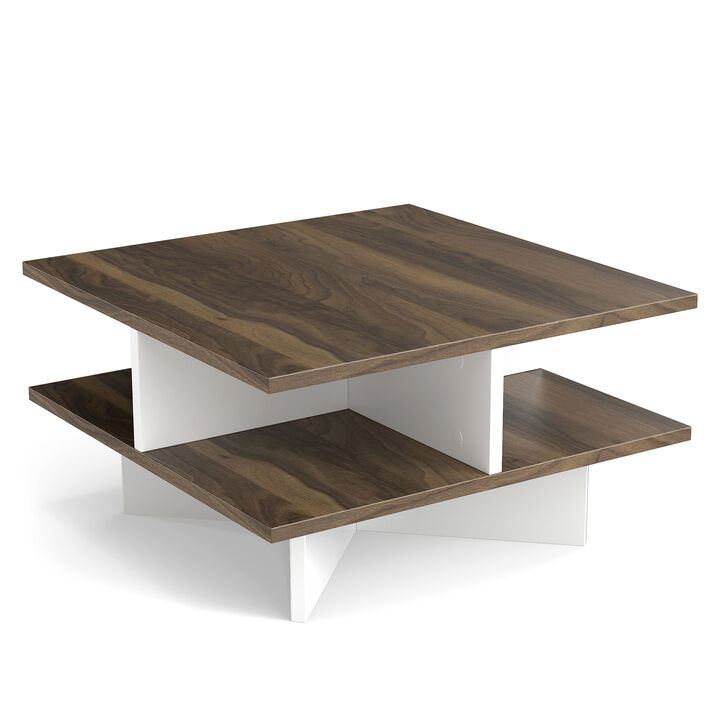 Functional Square Coffee Table with Dual Shelves and 4 Open Storage Sections