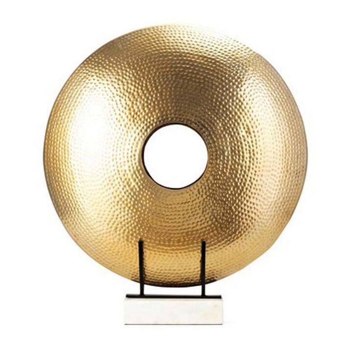 22 Inch Round Statuette, Tabletop Decor, Gold Disk, White Marble Base - Benzara