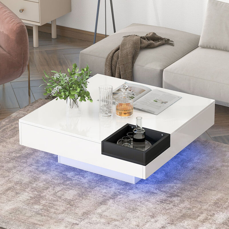 Modern Minimalist Design Square Coffee Table with Detachable Tray and Plug-in 16-color LED Strip Lights Remote Control