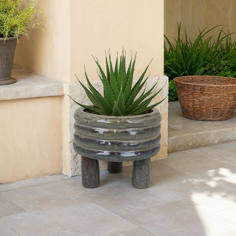 Garden Planter, Decorative Turned Style Glossy Gray Ceramic, 10 Inch - Benzara