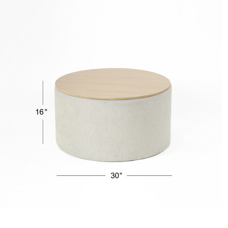 Mesy Storage Ottoman, 30 Inch Round Lift Tray Top, Light Gray Woven - Benzara