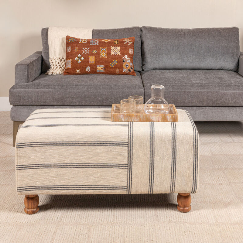 Rectangular Cotton Ticking Stripe and Acacia Wood Ottoman Bench image number 9