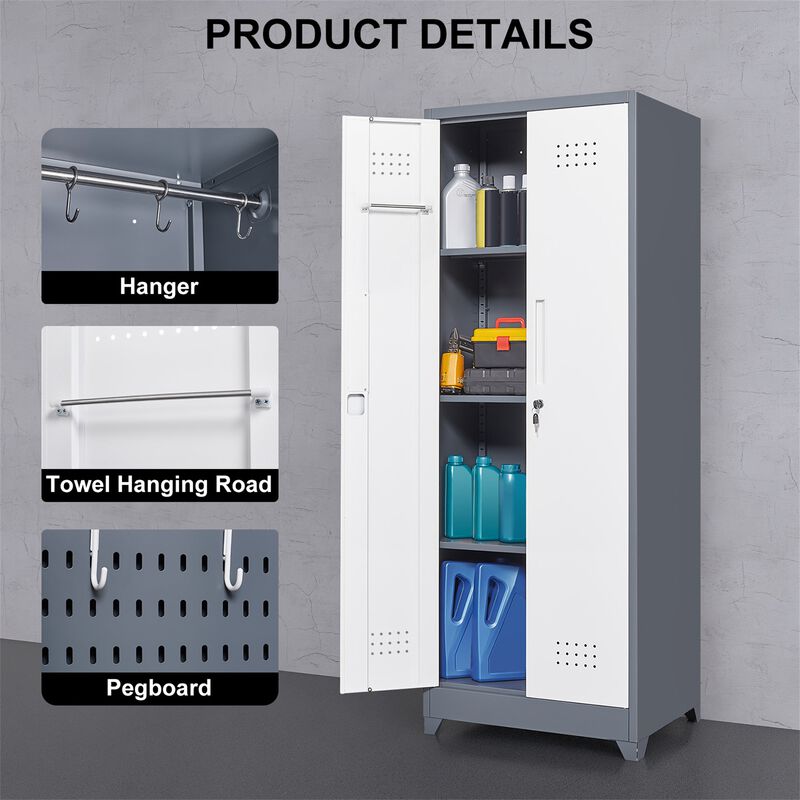 65" H Metal Broom Cleaning Tool Storage Cabinet With Locking Doors and Shelves image number 2