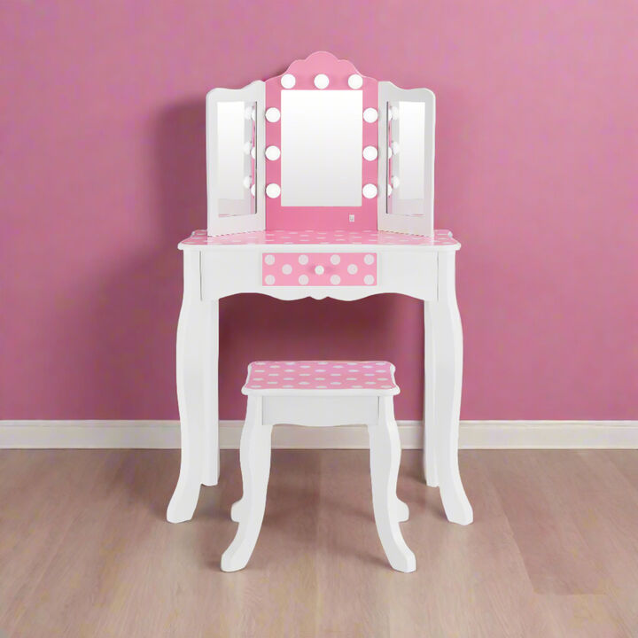 Fantasy Fields Gisele Polka Dot Kids Play Vanity Table & Stool with LED, White & Pink