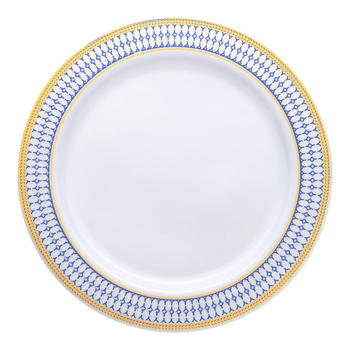 7.5" White with Blue and Gold Chord Rim Plastic Salad Plates (120 Plates)