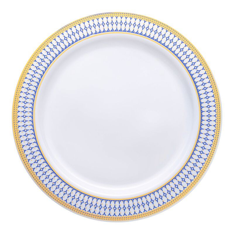 7.5" White with Blue and Gold Chord Rim Plastic Salad Plates (120 Plates) image number 0