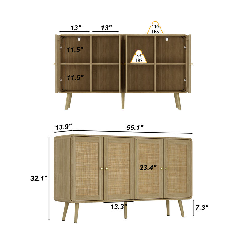 FUFU&GAGA Rattan Bookshelf, Modern Storage Cabinet with 4 Doors, Gold Handles & Solid Wood Legs, Freestanding Bookcase for Home Office, Study Room & Living Room (55.1" W x 32.1" H x 13.9" D), Natural Wood