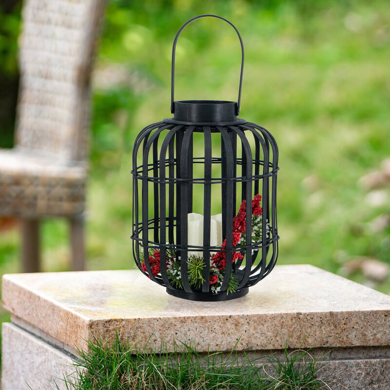 Clihome 8.9x8.9x11.4" Black Bamboo Lantern with White LED Candle