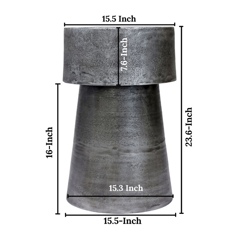 Vintage 23.6 Inch Accent Side Table, Round Top, Antique Silver Cast Aluminum Drum Base