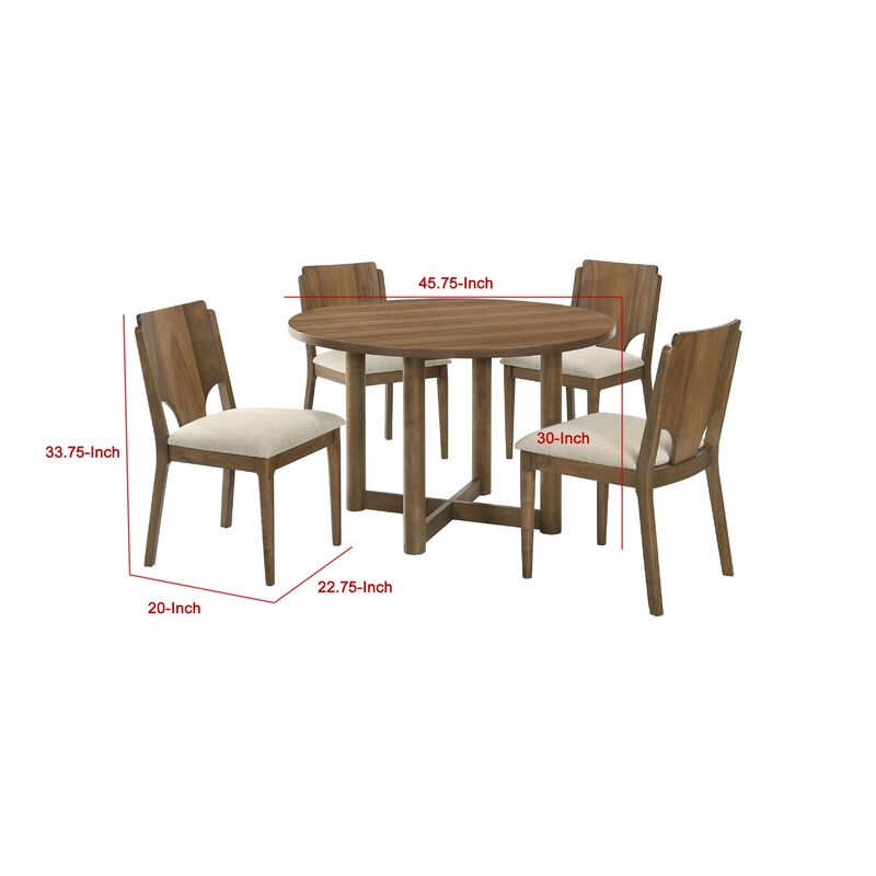 Billie 5pc Round Dining Table and 4 Chairs Set, Walnut Brown and Beige - Benzara