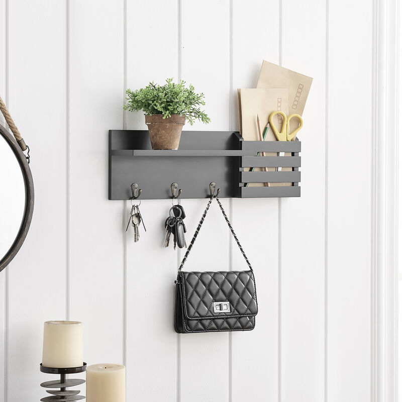 Mail and Key Wall Shelf Organizer with Pocket and Hanging Hooks
