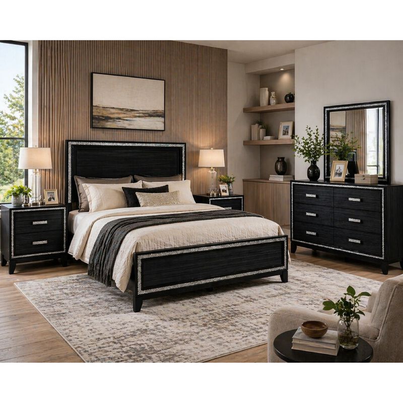 Queen Size Bedroom Set, Black Finish, 5-Piece Set with Bed, 2 Nightstands, Dresser and Mirror image number 1