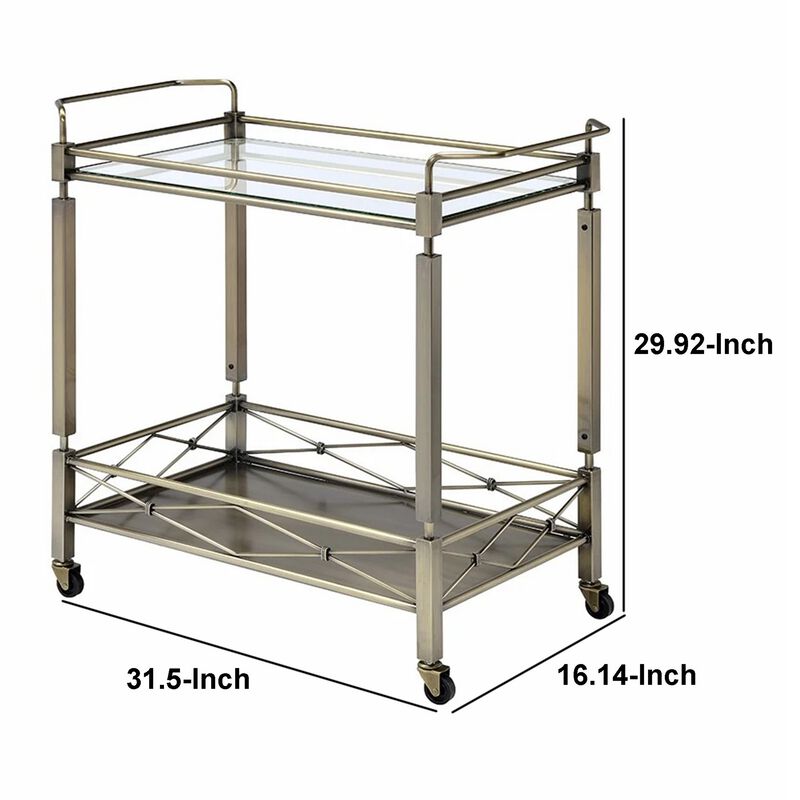 Two Tiered Metal Serving Cart with Glass Shelves and Side Rails, Antique Gold-Benzara