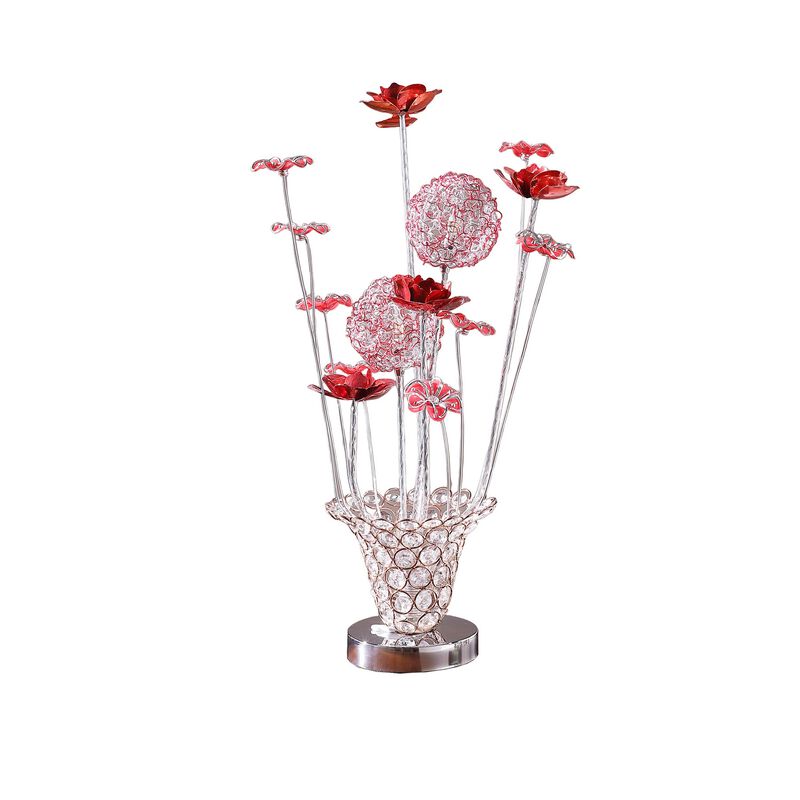 Accent Table Lamp, LED, Red Roses Trumpet Crystal Vase, Chrome 21 Inch - Benzara