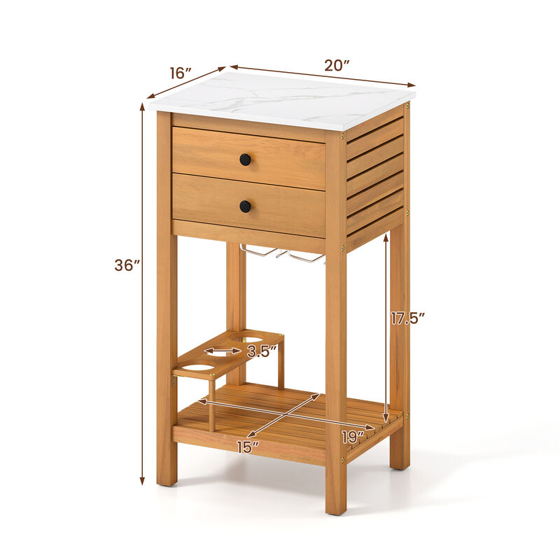 Patio Bar Table Storage Cabinet with Acacia Wood Frame and Faux Marble Top-Natural image number 2