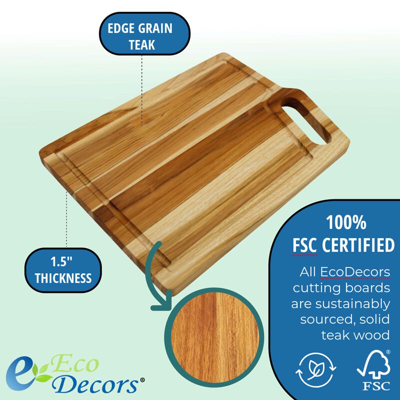 EcoDecors 18" x 14" FSC Teak Edge Grain Cutting Board with Handle & Groove